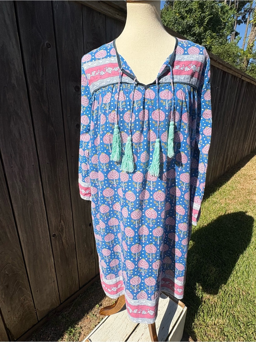 SZ Blockprints J Crew Blue & Pink Floral Tassel Mini Dress - Boho Pullover